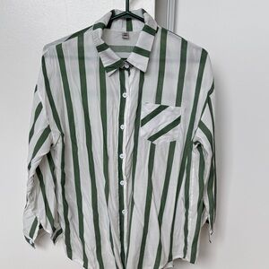 Unbranded Green and White Vertical Stripe Button-Down Shirt